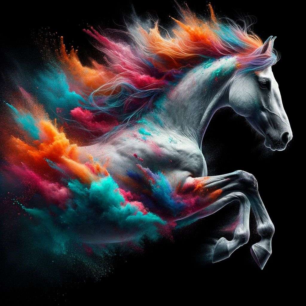 a horse, made from a burst of colored powder, digital art